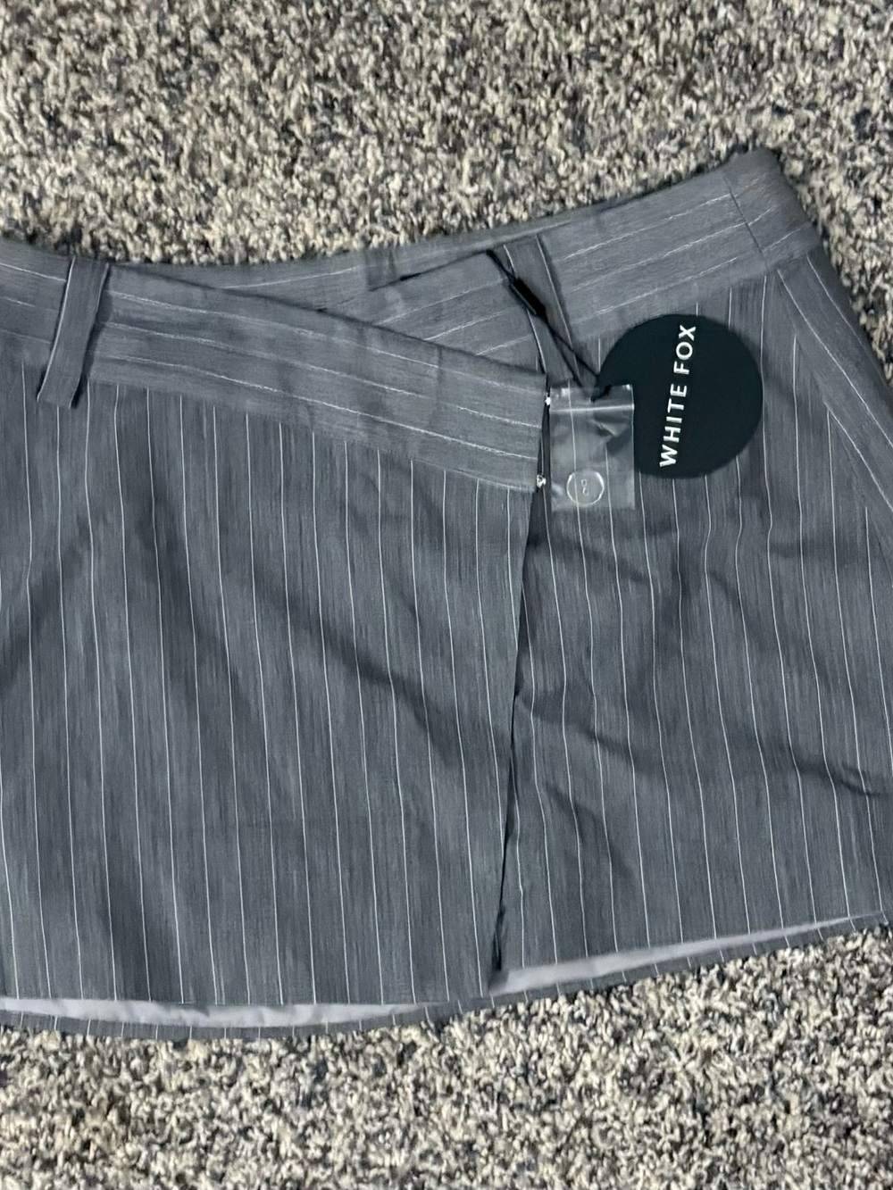 White Fox Boutique Charcoal Pinstripe Wrap Mini Skirt